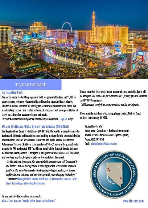 You're invited: Join the Nevada-Global Drone Trade Alliance &amp; Commercial UAV Seminar and Technology Demonstration in Las Vegas from March 17-19, 2020! - mailchi.mp/8bc831aeb2e0/y…