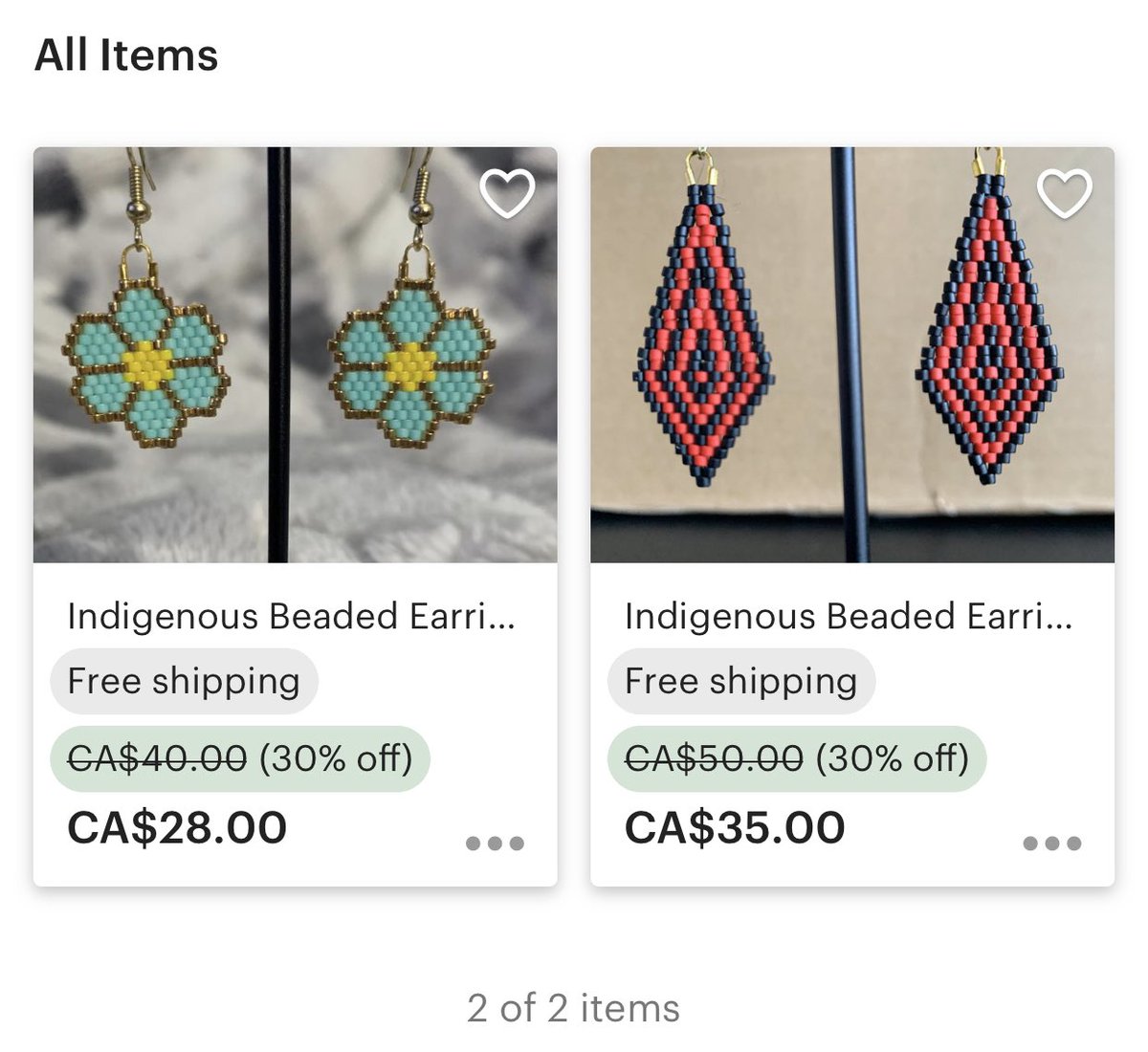 UrbanInuk's tweet image. These two pairs of earrings left in my Etsy shop. Both are 30% off. Click link to visit etsy.me/2MeSi30 
#SupportNative #BuyNative 
#IndigenousBeadwork