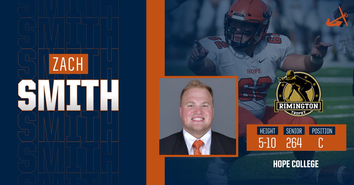 HopeAthletics's tweet photo. Senior Zach Smith of @HopeCollegeFB and @HopeCollege has been named the 2019 @NCAADIII recipient of the @rimingtontrophy given to the top centers in college football. He is the first @MIAA1888 honoree.

https://t.co/QLQANmb01a

#bestrongbetrue #gohope #d3fb #d3miaa https://t.co/B521JjYzeL