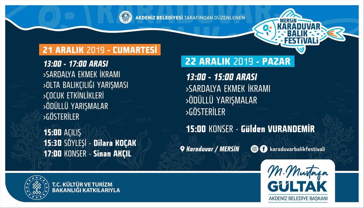 📢 DAVET | 📍 21-22 Aralık, Karaduvar Sahili

21-22 Aralık günlerinde düzenleyeceğimiz '🐟Karaduvar Balık Festivali'ne bekliyoruz. 🎉🎈

#Karaduvar #BalıkFestivali #Mersin #Akdeniz #BalıkEkmek #Sardalya #SinanAkçıl #Konser