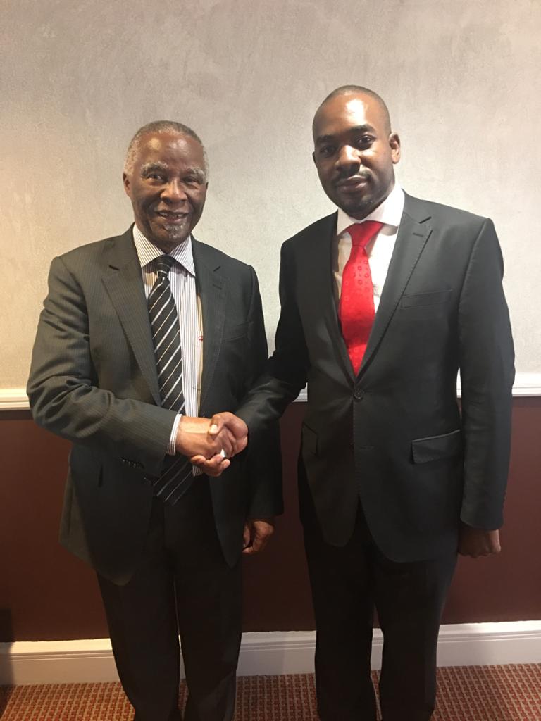 ProfJNMoyo's tweet image. Sight of President @nelsonchamisa and President Thabo Mbeki who met for some three hours in Harare this evening!