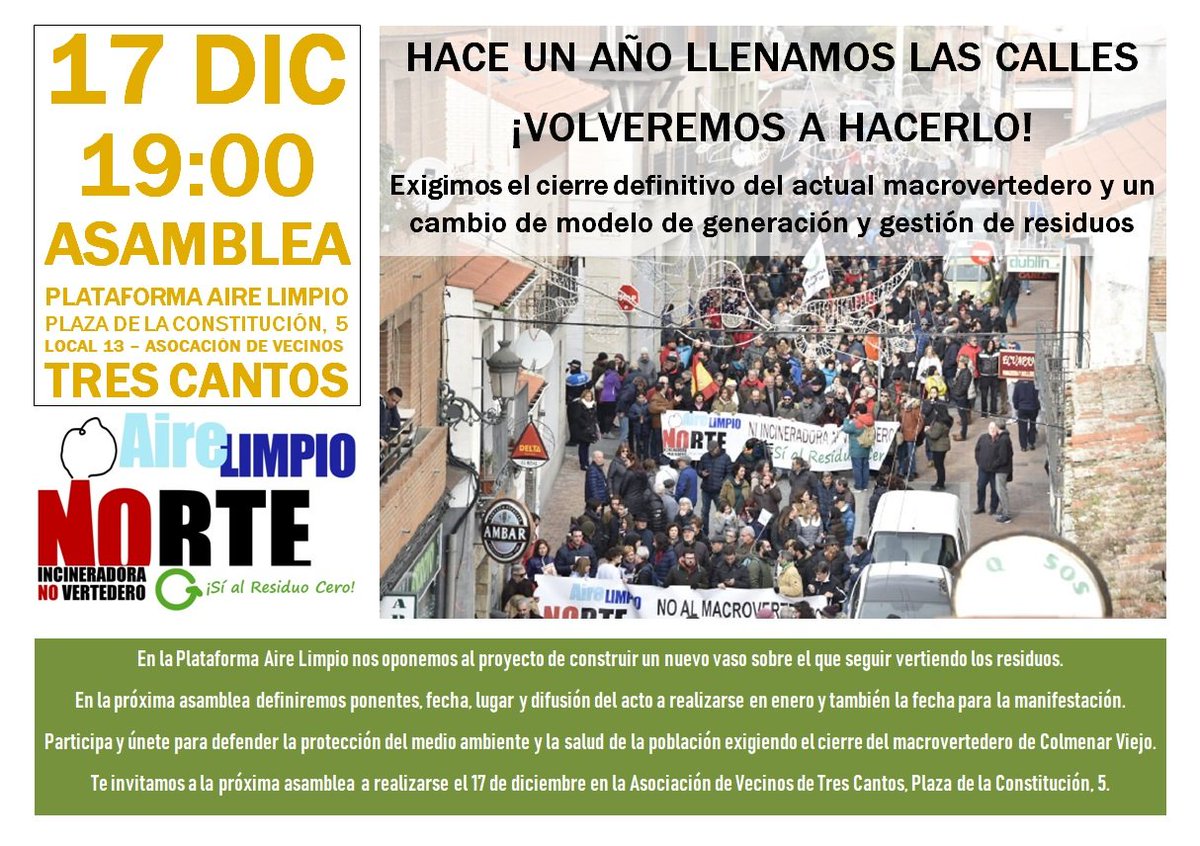 airelimpionorte's tweet photo. Mañana tenemos una cita importante en Tres Cantos.
Daremos los últimos pasos previos a la organización del acto y de la manifestación de la Plataforma Aire Limpio.
No queremos vertedero ni en Colmenar ni en ningún sitio.
Otro modelo es posible.
Acércate. https://t.co/NadBdPt5Ts