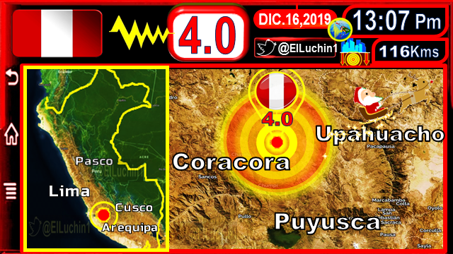 elluchin1's tweet photo. 🇵🇪➡#Temblor 4.0⚡#IGP 🚩#Coracora a 24 Kms al NorEste
⏱13:07 Pm 🌄Tarde Pata🇵🇪#16deDiciembre
INTERMEDIO🔰116 Kms
#Upahuacho
D. #Ayacucho
#Peru🇵🇪
#FelizLunes #Sismo
#16Dic #Earthquake https://t.co/hVCLYFE2kb