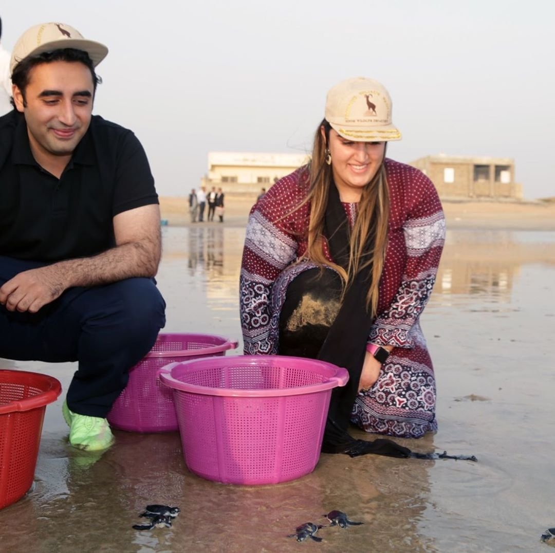 . @BBhuttoZardari and @BakhtawarBZ joined the #SindhWildLife team in releasing 300 #babyturtles as part of the #SindhGov efforts to protect & preserve the indigenous species 🐢💚

#Karachi #Pakistan #PPP