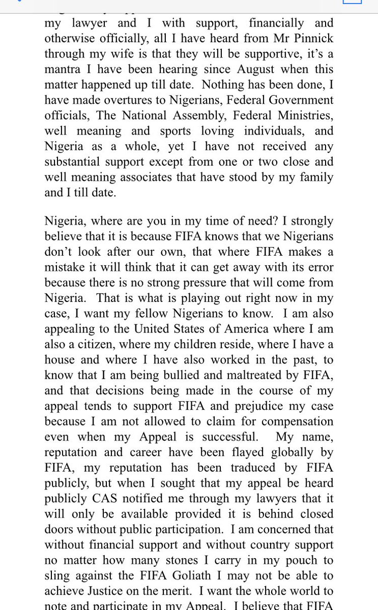osasuo's tweet photo. This is a statement just sent to me by former @NGSuperEagles manager @OfficialSiasia, regarding his @FIFAcom life ban. I am publishing it here verbatim, so you can all read it and make your own conclusions... https://t.co/PBZVl9LfrV
