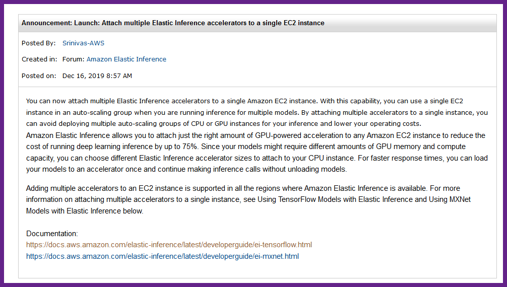 jeffbarr's tweet photo. New - Attach Multiple Elastic Inference Accelerators to a single EC2 Instance - https://t.co/LmSbgC5T0W (learn more about Elastic Inference Accelerators at https://t.co/mi4bG5z1HC) . #AWS #ML https://t.co/eKKAFJtXEY