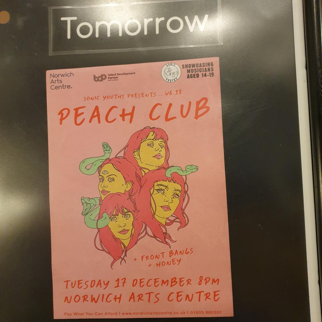 Sonic Youths (@1419sonicyouths) on Twitter photo #ICYMI #opportunities This time tmw, <a href="/NorwichArtCentr/">Norwich Arts Centre</a>'s auditorium doors will be open for our final #fundedByPRSF #showcase of the decade starring <a href="/ppeachclubb/">PEACH CLUB βΏ</a>, <a href="/frontbangs/">Front Bangs</a> and <a href="/daisyarmstrongx/">β₯ HONEY</a>! Pay what you can afford to support the #futureOfMusic Tix: norwichartscentre.co.uk/events/sonic-yβ¦ #ICYMI #opportunities This time tmw, <a href="/NorwichArtCentr/">Norwich Arts Centre</a>'s auditorium doors will be open for our final #fundedByPRSF #showcase of the decade starring <a href="/ppeachclubb/">PEACH CLUB βΏ</a>, <a href="/frontbangs/">Front Bangs</a> and <a href="/daisyarmstrongx/">β₯ HONEY</a>! Pay what you can afford to support the #futureOfMusic Tix: norwichartscentre.co.uk/events/sonic-yβ¦