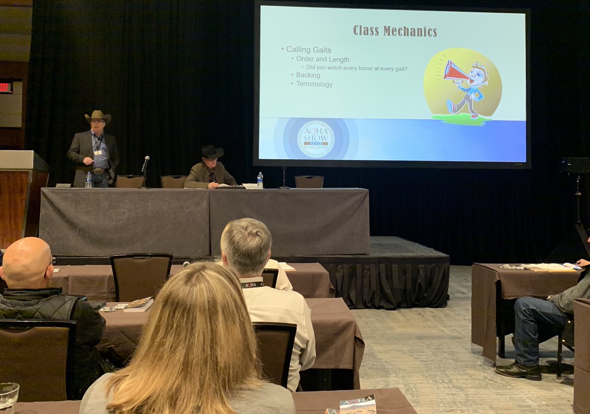 AQHA Professional Horsemen Jim Searles and Gil Galyean lead a western pleasure session at the ⁦<a href="/AQHA/">AQHA</a>⁩ judges conference.