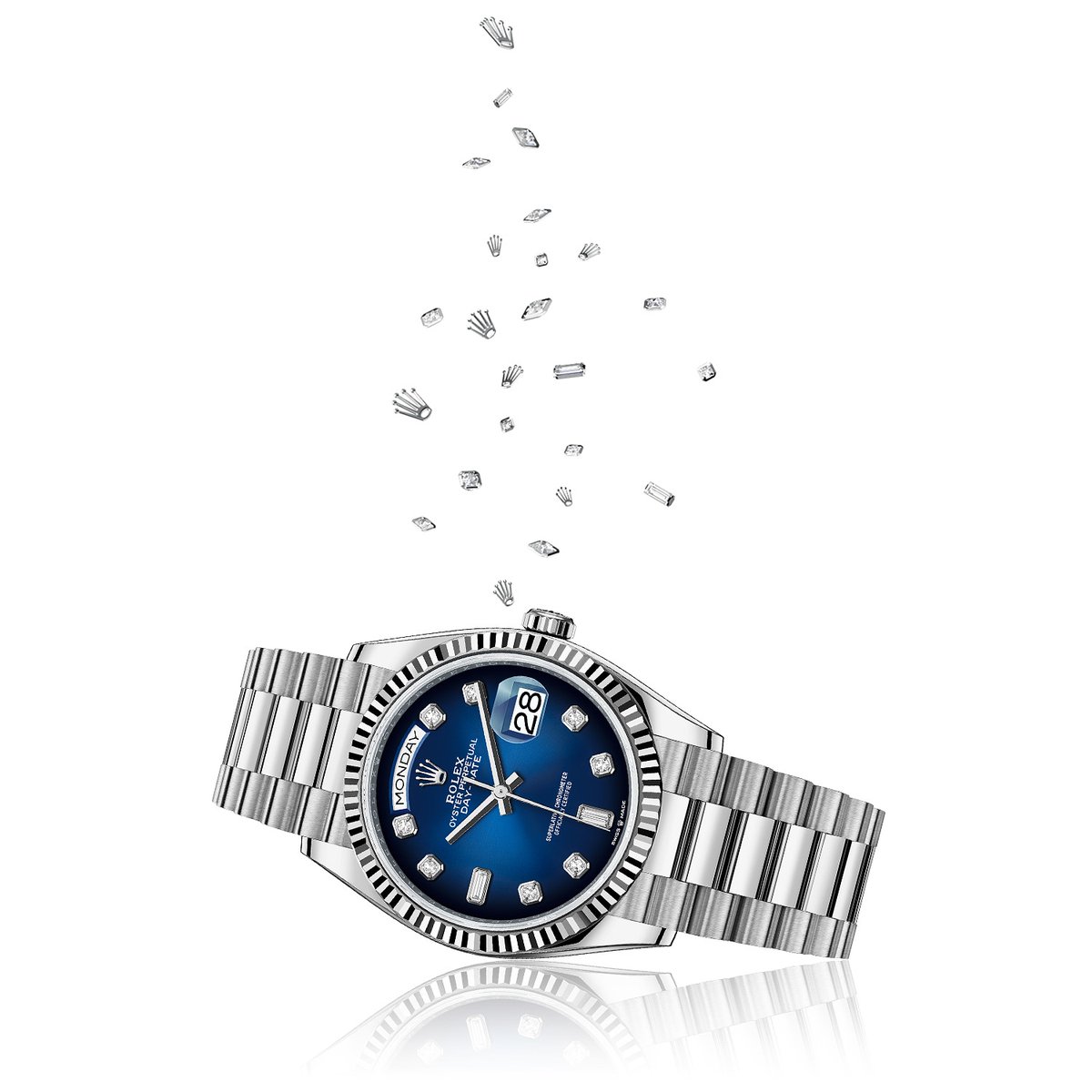 Inspiración para la temporada. <a href="/ROLEX/">ROLEX</a> Day-Date 36 en oro blanco, caja de 36 mm, esfera en azul sombreada engastada de diamantes, brazalete President. 
•
Distribuidor Oficial: bit.ly/Rolex-Pedro-Lu…
•
#Rolex #DayDate #Festive #OfficialRolexRetailer