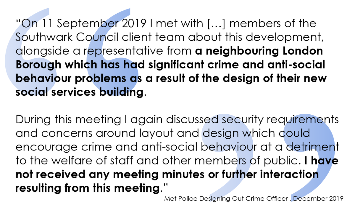 Even <a href="/metpoliceuk/">Metropolitan Police</a> think Southwark Council's approach to 'consultation' is a sham - they have serious concerns about the safety and security of staff and visitors to the proposed building and are still waiting for the council to respond 👮🏿⬇️