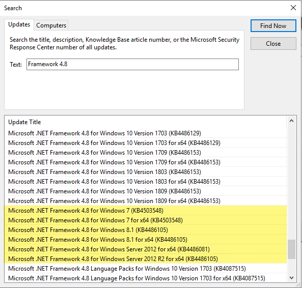 SeguraOSD's tweet photo. @TheNotoriousDRR Here's the stupid question, why is .NET Framework 4.8 in WSUS for #Win7 #Win8 #Server2012 #Server2012R2 ... but not #Server2016 and #Server2019? Anyone? @SuneThomsenDK @jarwidmark https://t.co/NjFb3vkLd1