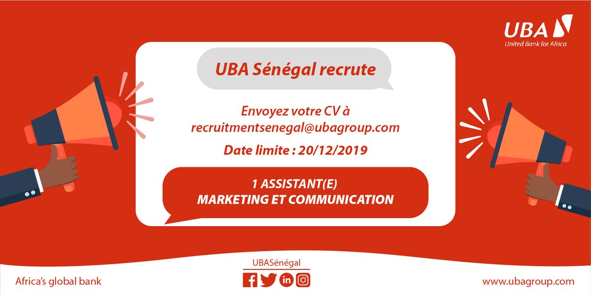 Uba Senegal On Twitter Ubasenegal Recrute Un E Assistant E Marketing Et Communication Thread Fichedeposte Jobdescription Rt Recrutement Senegal Africasglobalbank Https T Co Blygvwgumn