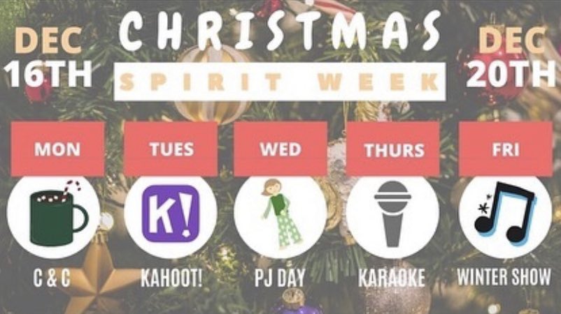 Here’s the UPDATED HB Christmas Spirit Week calendar. Don’t worry, the only change is that ugly sweater day and Pj day are combined and we have our winter showcase on Friday!