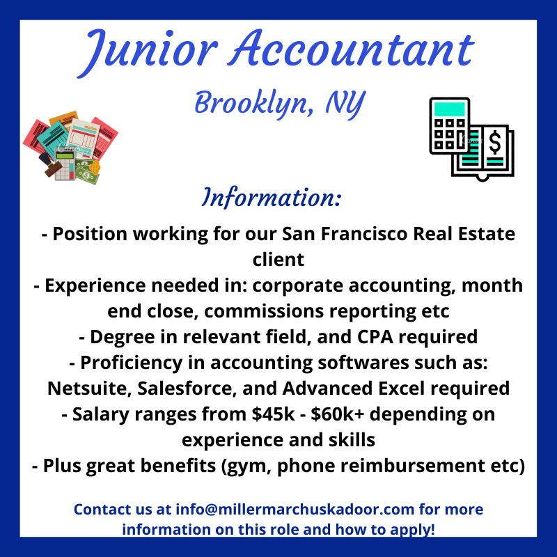 MillerMarchuska's tweet photo. ***Job Alert***
If you have accounting experience and are located in NYC or near #Brooklyn, this role is for you! Our San Francisco Real Estate client is looking to hire a Junior Accountant on a full-time basis. Contact us at info@millermarchuskadoor.com if interested! https://t.co/THGIUqOkpw