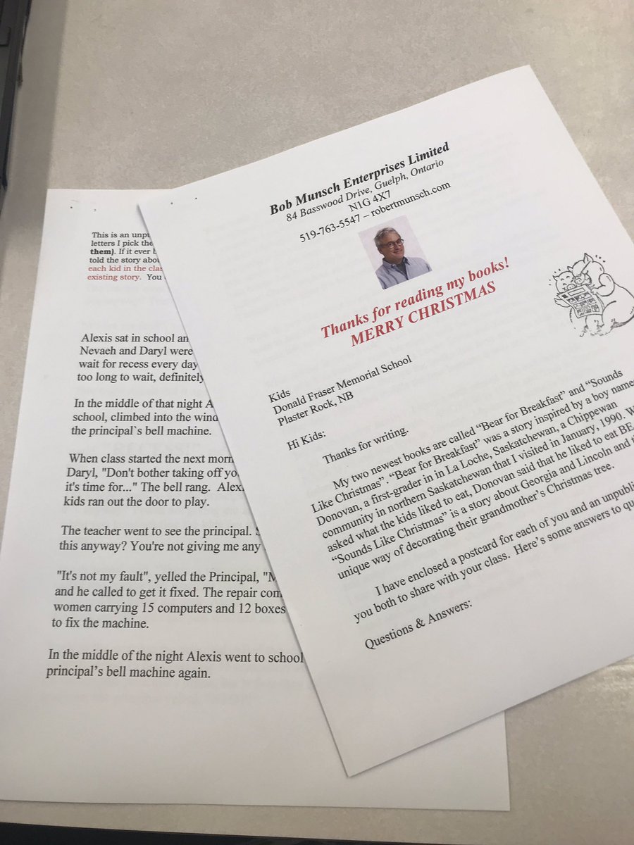 So awesome! We wrote to our favourite authors a month ago and today our first author responded back 💜💜💜 Robert Munsch you made these 3 students day 😃 So exciting!! #RobertMunsch #Love2Write #AuthenticWriting