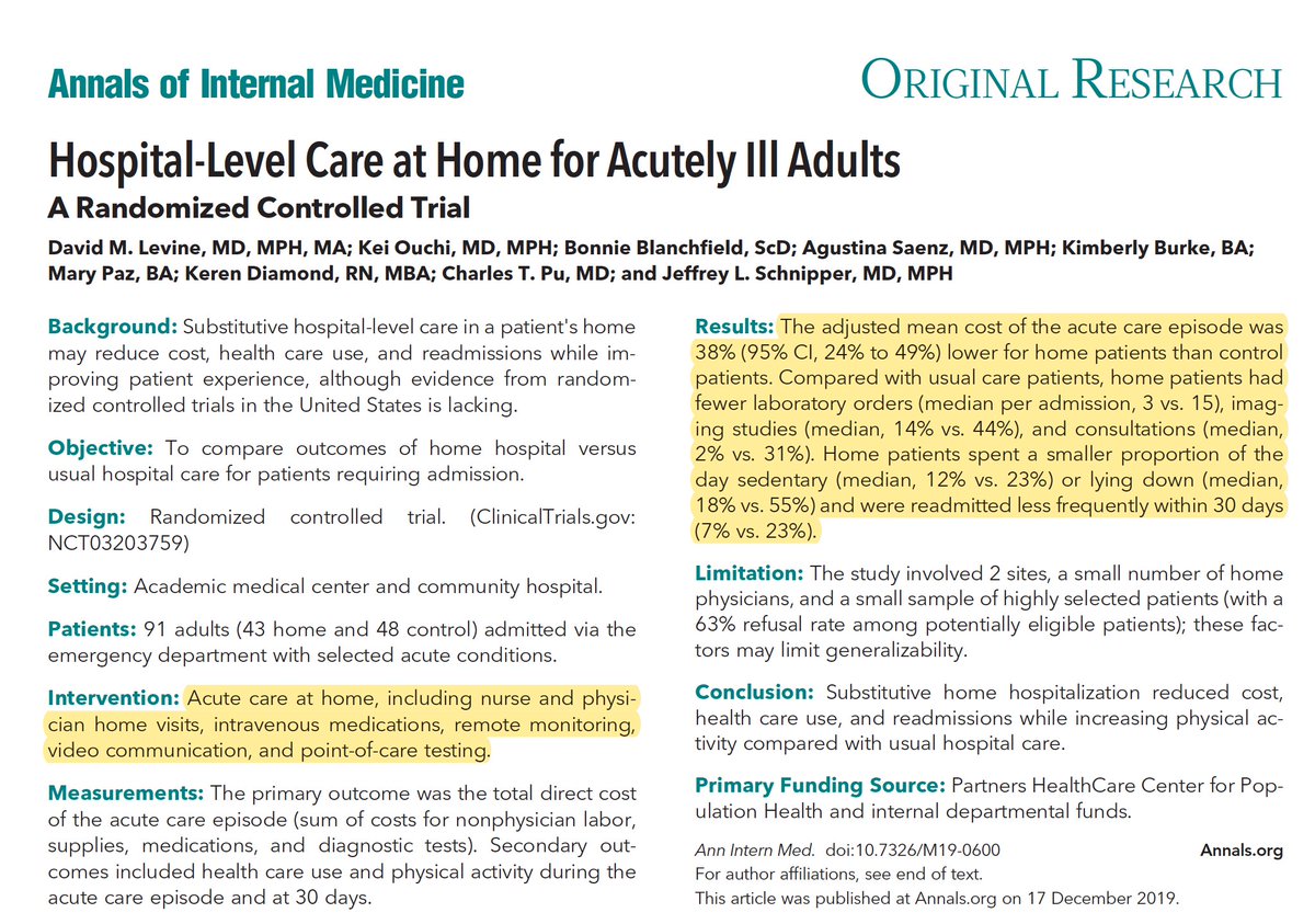 EricTopol's tweet photo. The home beats the hospital for acutely ill patients: a small randomized trial w/ better outcomes, lower cost; an early segue to the demise of the hospital @AnnalsofIM by @BrighamWomens @BrighamResearch's @davidlevinemd et al
Commentary: @TuftsMedicalCtr's John Wong, Joshua Cohen https://t.co/YfQNIO5myV