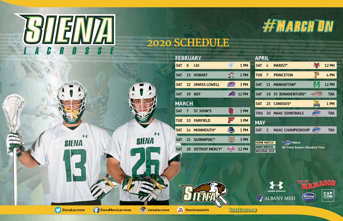 SienaSaints's tweet photo. 🗓️ SCHEDULE ALERT 🗓️

🥍  season is almost upon us, as @SienaLacrosse has released their 2020 schedule! A balanced 14-game slate gives the #SienaSaints 7⃣ home games this season! ✅ it out, and get to Hickey Field this spring!

📰 https://t.co/X9wYWeJZAc

#MarchOn #MAACLAX https://t.co/sunzkkDcj8