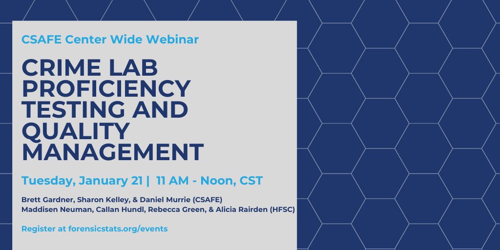 CSAFE_CoE's tweet image. CSAFE 2020 webinars will kick off January 21! Register to learn how one laboratory successfully implemented a blind quality control program. Presented by @UVA CSAFE Researchers and @HoustonForensic. #blindtesting #forensics #research forensicstats.org/event/webinar-…