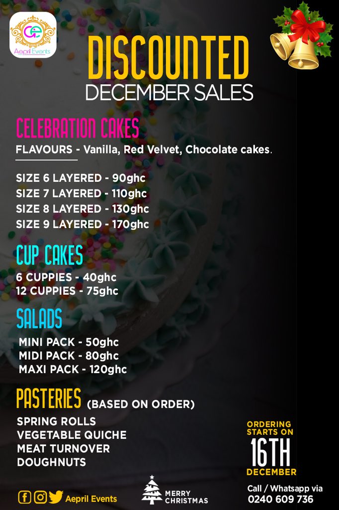 aeprilevents's tweet photo. Merry Christmas 🎁🎄 surprise a loved one this season with our Christmas packages and yummy cakes 🎄kindly contact 📞+233240609736 to place orders 🎄 https://t.co/kkIwe5rtWu