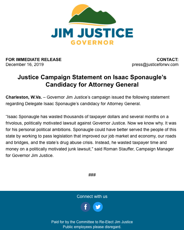 JimJusticeWV's tweet photo. RELEASE: Justice Campaign Statement on Isaac Sponaugle’s Candidacy for Attorney General: https://t.co/rZptDecFDK