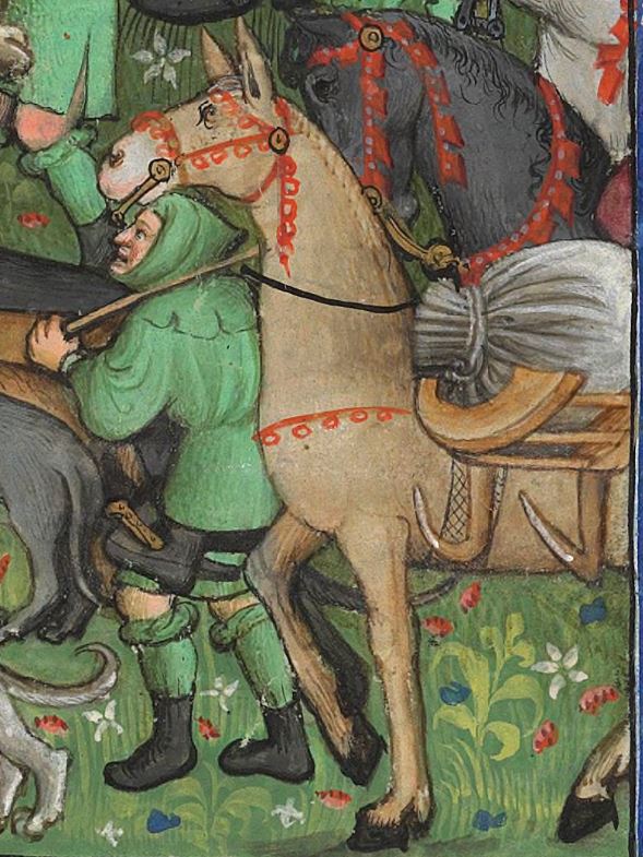 Mulography's tweet photo. I really love these 2 grumpy pack mules. The coloured image is a detail from the Livre de chasse (14thc) but I have no details at all for the other one - it was a random find with no source attached. I'm guessing similar date due to pack saddles etc. Anyone know any more? https://t.co/oXIOMVmDdO