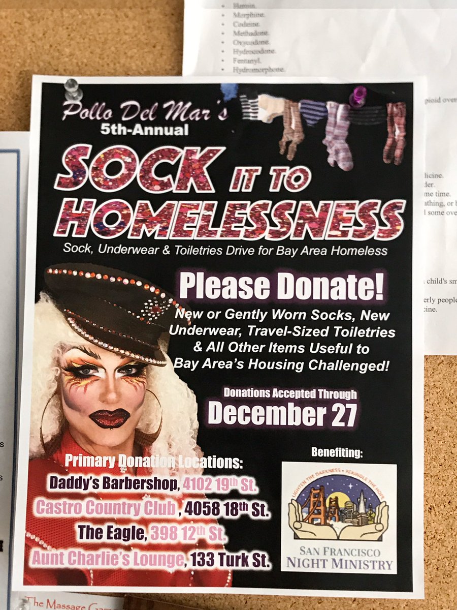 TheGlamazonPDM's tweet photo. Thank you to Castro Country Club for supporting my 5th-Annual #SockItToHomelessness Drive to support SF Night Ministry. Pop by 4058 18th St. to drop off your donations. https://t.co/ax9OAvNt8M