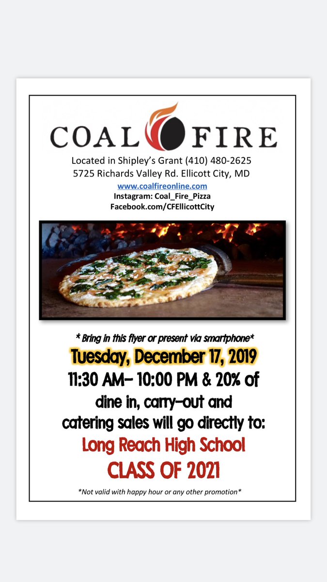 HELLO CLASS OF ‘21!! TOMORROW is our coal fire fundraiser! please show this flyer when you order your DELICIOUS pizza! ✨💜🍕