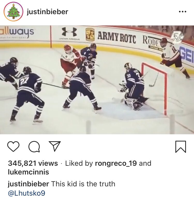 BC_MHockey's tweet photo. So @justinbieber posted @lhutsko9’s goal on his @instagram. What’s the coolest thing that happened to you today? https://t.co/vxW9CiDZG2