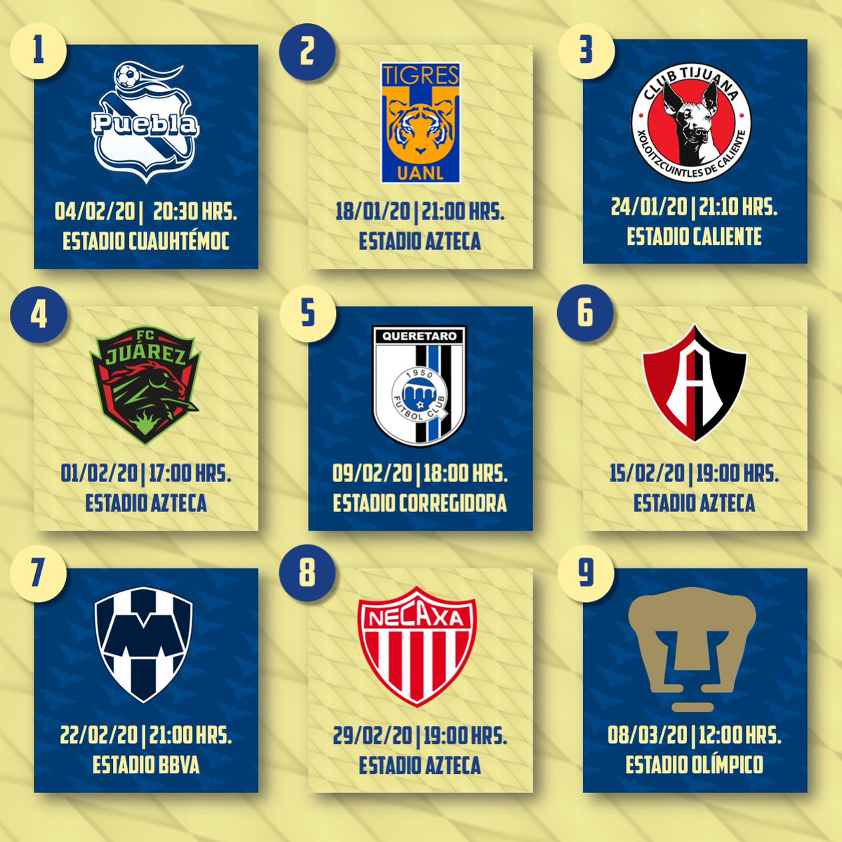 ResacaAmerica's tweet photo. 🚨¡CALENDARIO LISTO!🚨

Te presentamos los partidos de América para el Clausura 2020. 🦅📅 https://t.co/urPHRN1bif
