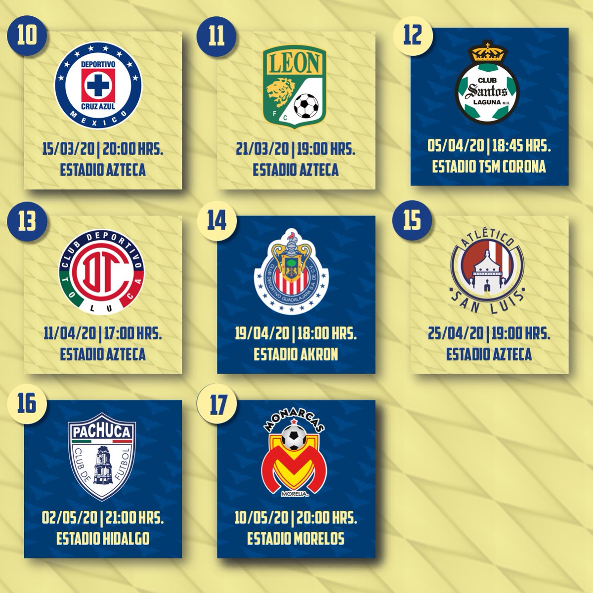 ResacaAmerica's tweet photo. 🚨¡CALENDARIO LISTO!🚨

Te presentamos los partidos de América para el Clausura 2020. 🦅📅 https://t.co/urPHRN1bif