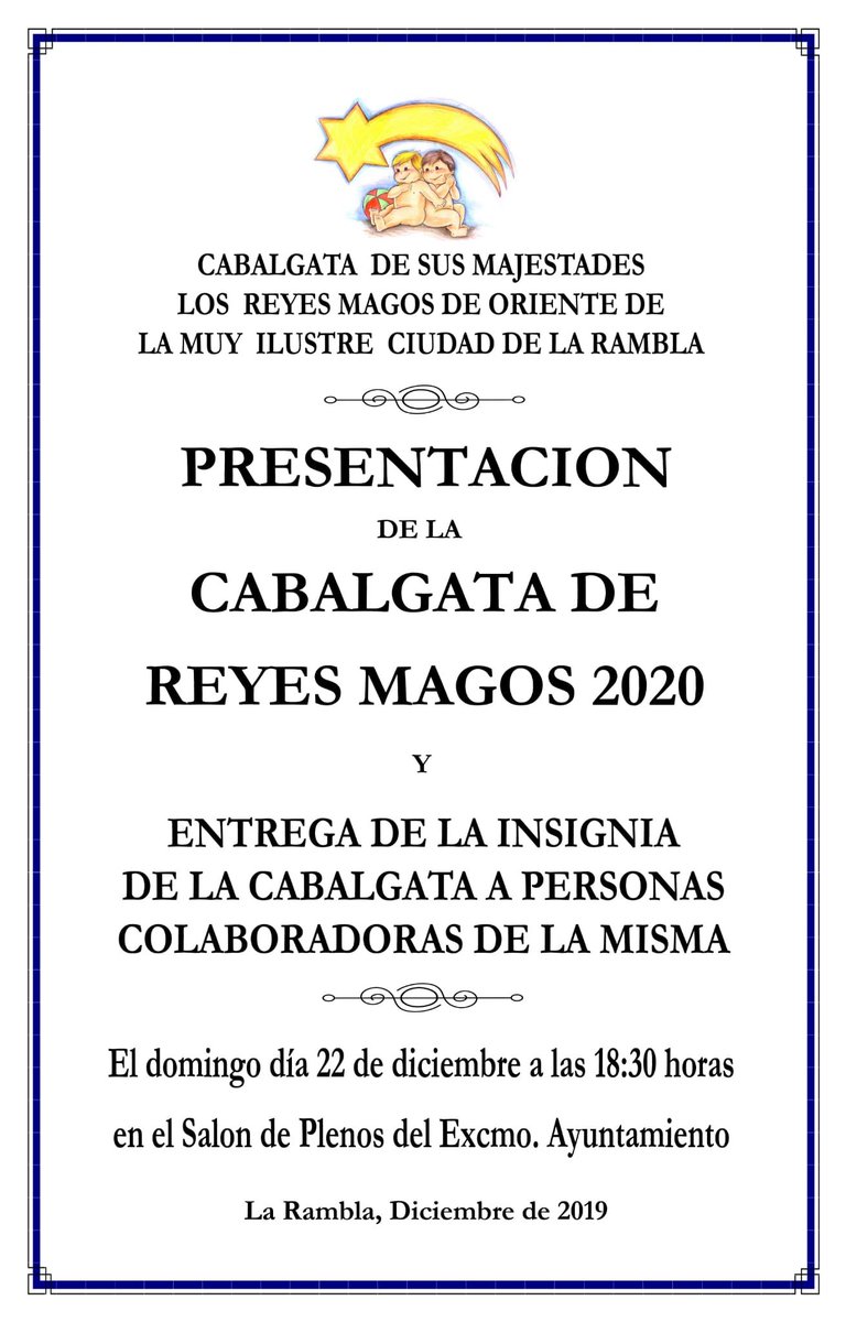 La cabalgata de los Reyes Magos hace su presentación en nuestro pueblo. 
Este domingo 22 a las 18:30 en el salón de actos de nuestro ayuntamiento. 
También podrás seguirlo en directo en nuestro canal local de La Rambla Televisión, Ik-Conecta, canal 9 y 209 HD.