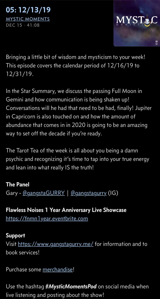 MysticPod's tweet photo. ✨ NEW EPISODE 🔮
Ep. 05: 12/13/19
Apple Podcasts
https://t.co/lgmXPZhvTk
Spotify
https://t.co/kiE1OoofTU
Other Platforms
https://t.co/uFDce0Hux5
#MysticMomentsPOD #FNMediaProd #StarSummary #TarotTea #Mysticism #Astrology #GeminiFullMoon #JupiterInCapricorn https://t.co/GTbh0nWyZs