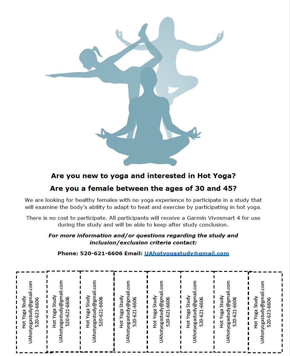 ChiltonLabUA's tweet photo. Are you new to #yoga and interested in trying #hotyoga ? Are you a female between the ages of 30-45? The @uarizona Hot Yoga Study is now recruiting. 
Email or call for more information: UAhotyogastudy@gmail.com https://t.co/fyOptGzGSw