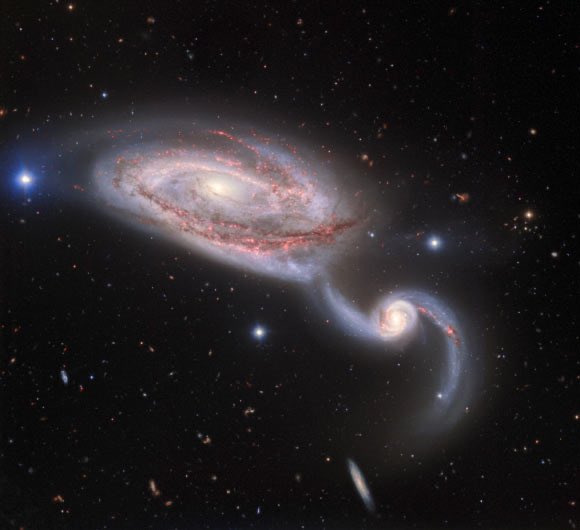 Gemini Observatory on the summit of Mauna Kea captured new images of interacting spiral galaxies NGC 5394 and NGC 5395, collectively known as Arp 84 or the Heron Galaxy. #space #science #universe #galaxies #galaxy #heron #herongalaxy #hawaii #space #astronomy #stars