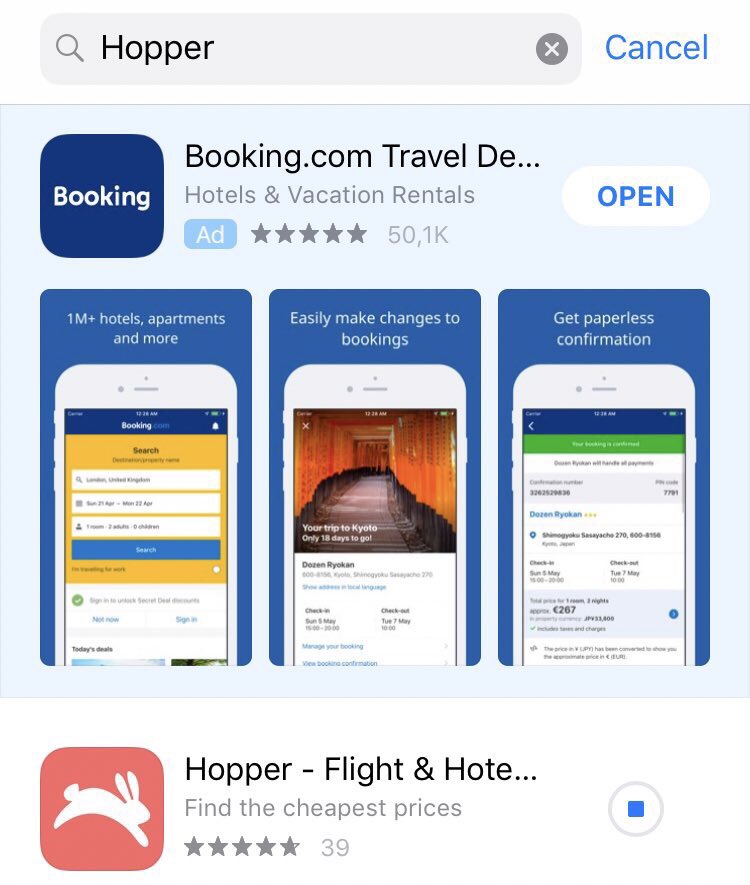 Classic move buying ads for your competitor’s name as a keyword.
Still, not cheating! 
@bookingcom & @hopper 

#digitalmarketing #ads #ASO #appstore #booking #hooper #iphoneapps #competitionanalysis