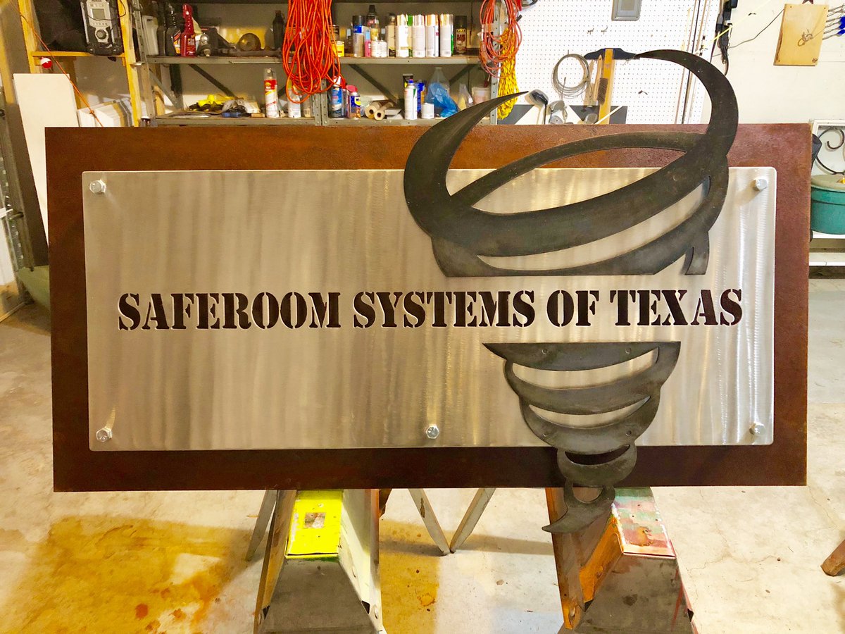 A little plasma cutting tornado action on this sign that Josh also rusted &amp; painted for our new friends at Saferoom Systems of Texas! 👍🏻👍🏻 JAGMetalsLLC.com #JAGMetals #PlasmaCutting #PlasmaCutter  #MetalSignage #MetalFab #CustomFabrication