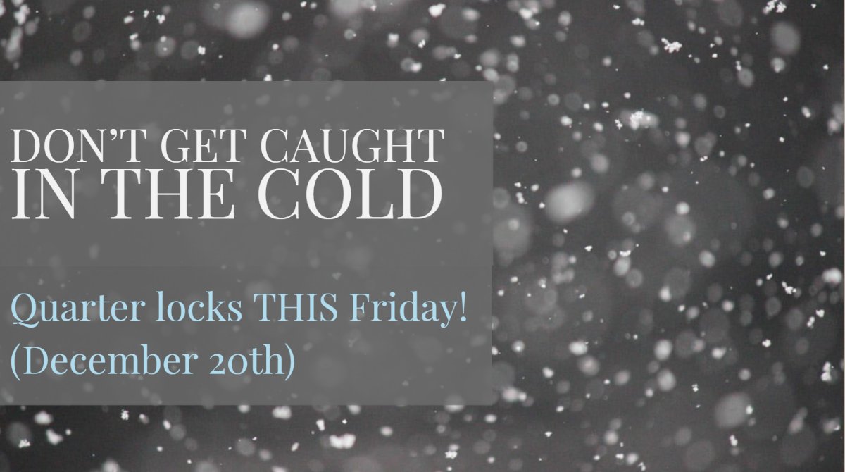 Be aware...we are locking the previous quarter (September - November) THIS Friday, December 20th, by close of business. Be sure to get all reports submitted by then!