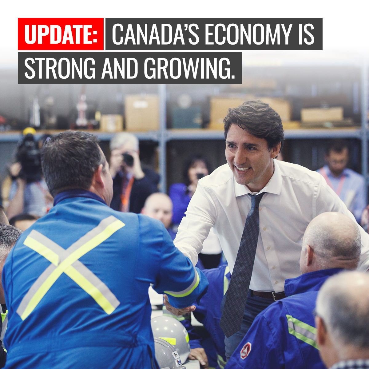 JustinTrudeau's tweet photo. Our economy is strong &amp; growing and we’re on track to have the 2nd fastest growing economy in the G7, the best wage growth in 10 years &amp; the lowest unemployment in 40.

We’ll keep investing in you &amp; your family, to make life better &amp; more affordable. More: https://t.co/cGMkpBp4Sj https://t.co/Fh2AOF4Dkd