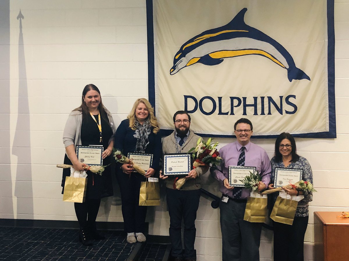 OceanLakesHS's tweet photo. Congrats to our 2019-2020 Distinguished Educators: Shirley Hall, Michelle Bailey-Hennessey, Patrick Rostock, Claude Blanchard, and Kim Bedinger! 💙💛 🐬 https://t.co/ha7QloOQ23
