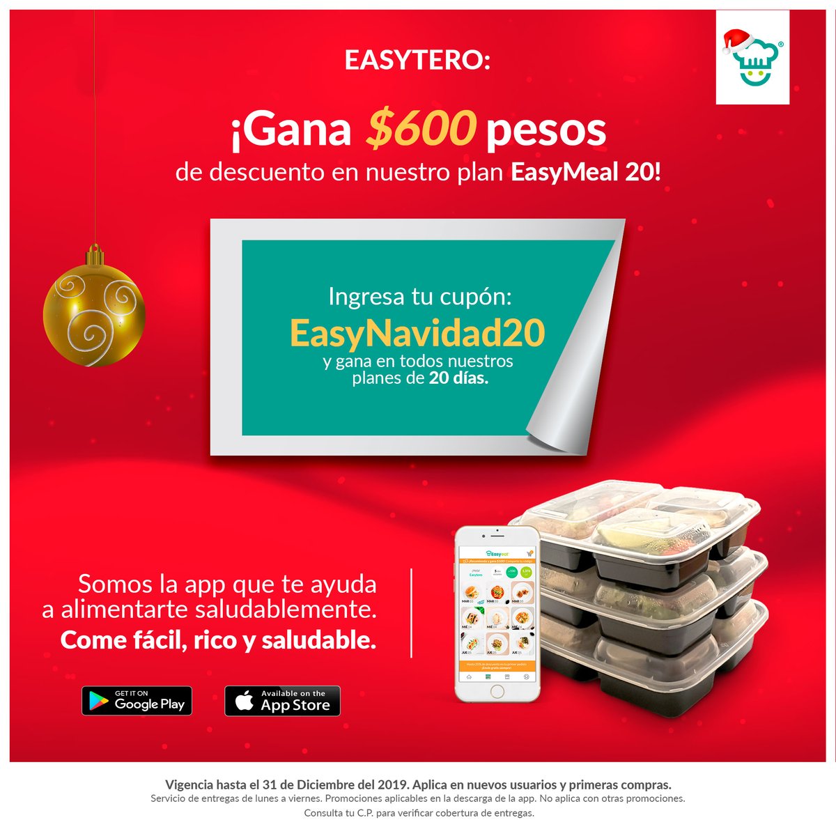 easyeatmx's tweet photo. ¡Descarga la app y gana! 

Ingresa tu cupón: EasyNavidad20 
Come fácil, rico y saludable.

*Vigencia hasta el 31 de Diciembre del 2019.
 *Aplica en nuevos usuarios y primeras compras. https://t.co/qxt7YLf1Z9