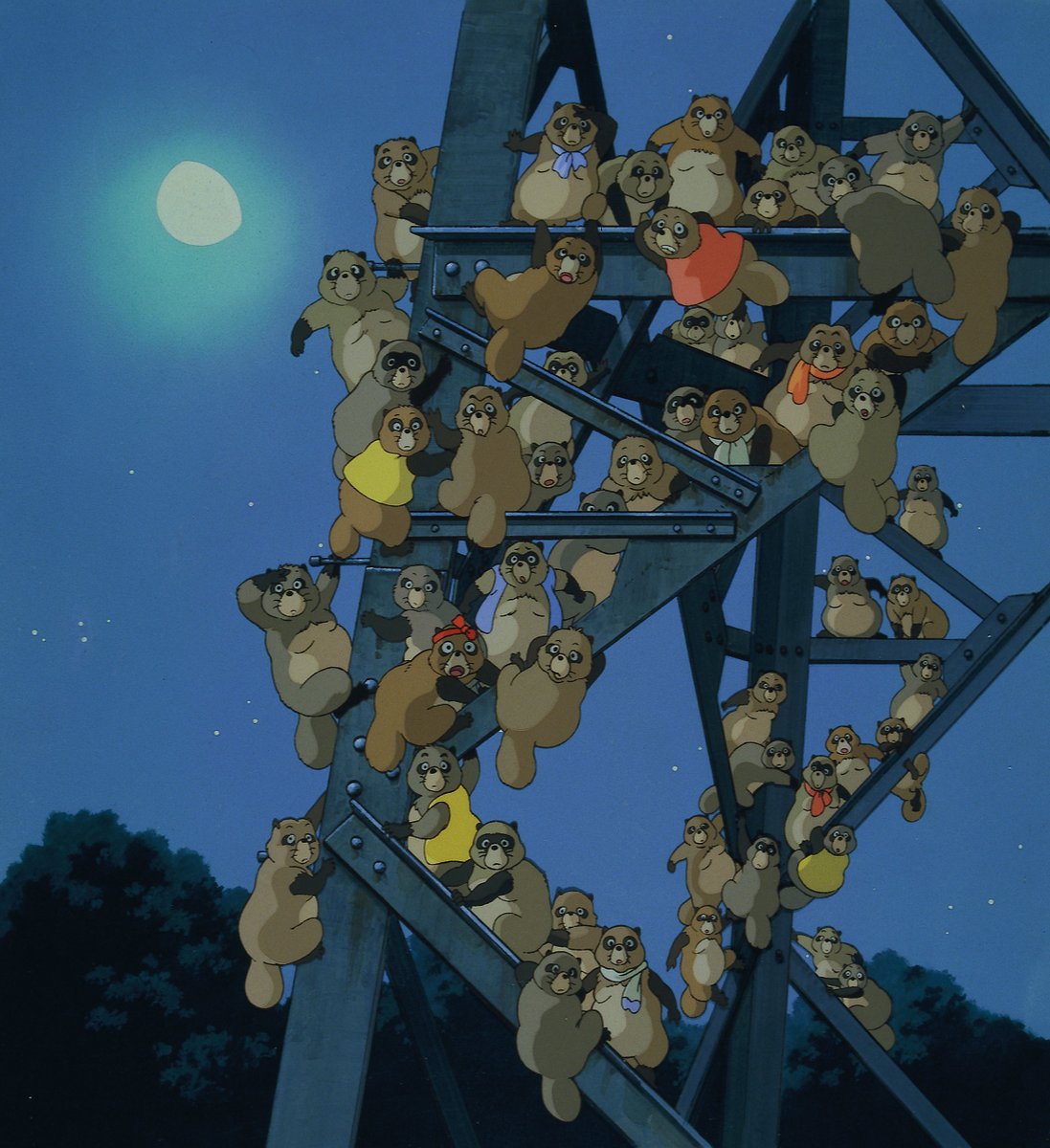 A night shot of power tower whose legs are covered in raccoon spirits. They look at the camera with some surprise as if caught in the act. In the background is a clear starry sky and gibbous moon.