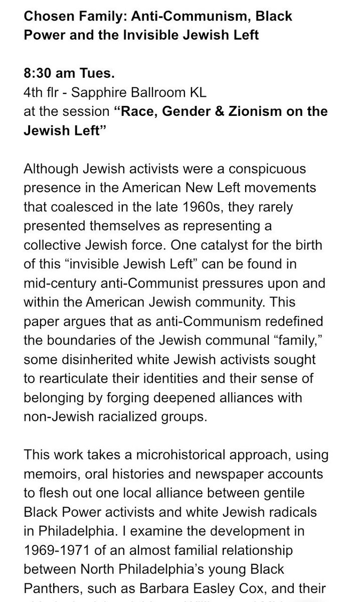 homeandfreedom's tweet photo. At #AJS2019? Check me out:

Chosen Family: Anti-Communism, Black Power &amp; the Invisible Jewish Left

On 8:30 am panel “Race, Gender &amp; Zionism on the Jewish Left”

Abstract below. (Apologies in advance, I try to avoid “Black-Jewish” as a dichotomy but you’ll see 2 uses of it here) https://t.co/qC6IXswIcI
