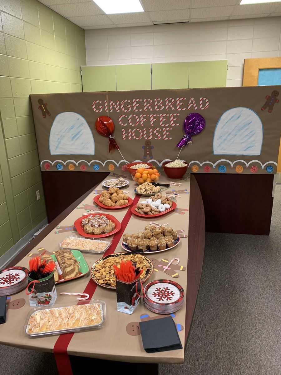 Principalhallmk's tweet photo. Celebrated our staff with a holiday coffee house complete with goodies provided by PTA, decor by our wonderful office staff and lots of holiday cheer! @AddisonEle1 @CobbSchools https://t.co/J9puW24X2E
