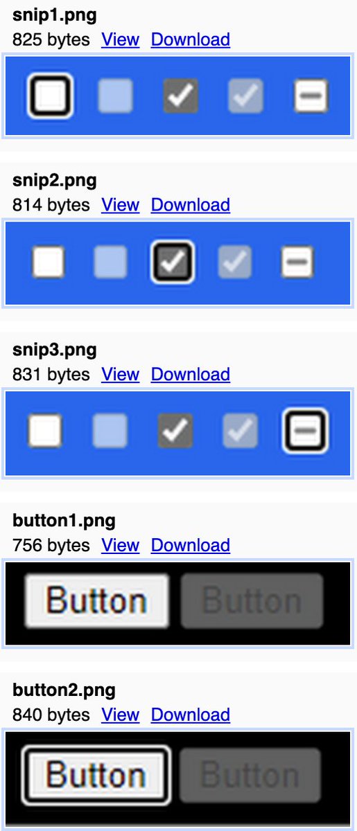 Screenshot with checkboxes and buttons on blue and black backgrounds. The focus ring is a thick black outline and an outer thin white outline.
