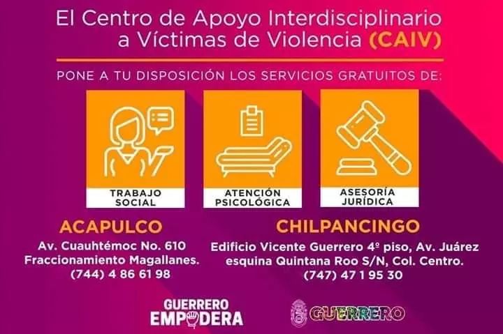 SemujerGro's tweet photo. Si te encuentras en una situación de violencia o conoces a una niña o mujer en esa condición, busca ayuda. Acércate a los Centros de Apoyo Interdisciplinario a Víctimas de Violencia #CAIV 👇🏾 #GuerreroEmpodera ¡COMPARTE! 🔁 https://t.co/pV2kJ7W4ki