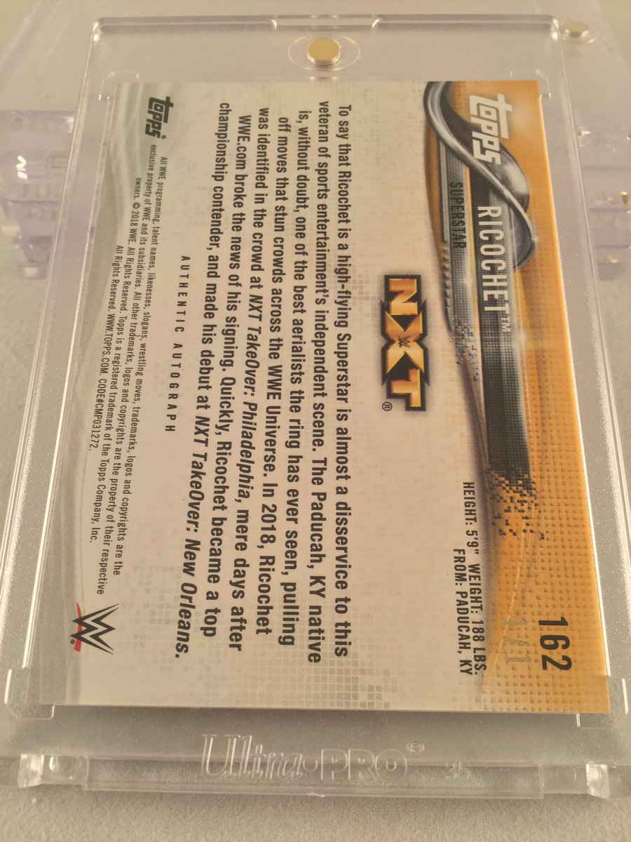 CardboardPicker's tweet photo. Here’s another cool #wrestlingtradingcard in my PC. 2018 @topps @wwe Ricochet #1/1 Red Rookie Autograph #1stcard #nxt @KingRicochet https://t.co/8qTsasizfy