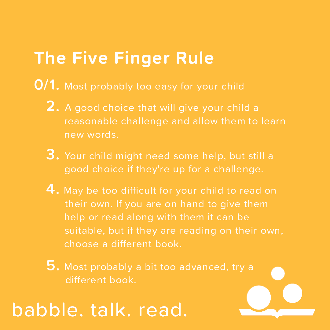 btrprogram's tweet photo. The "Five Finger Rule" is an easy way to see if a book is suitable for your child to read on their own. Before they begin reading, turn to a random page in the book and ask your child to read the page. For every word they don't know, hold up a finger. #btrprogram #babbletalkread https://t.co/U9YYbWqMZV