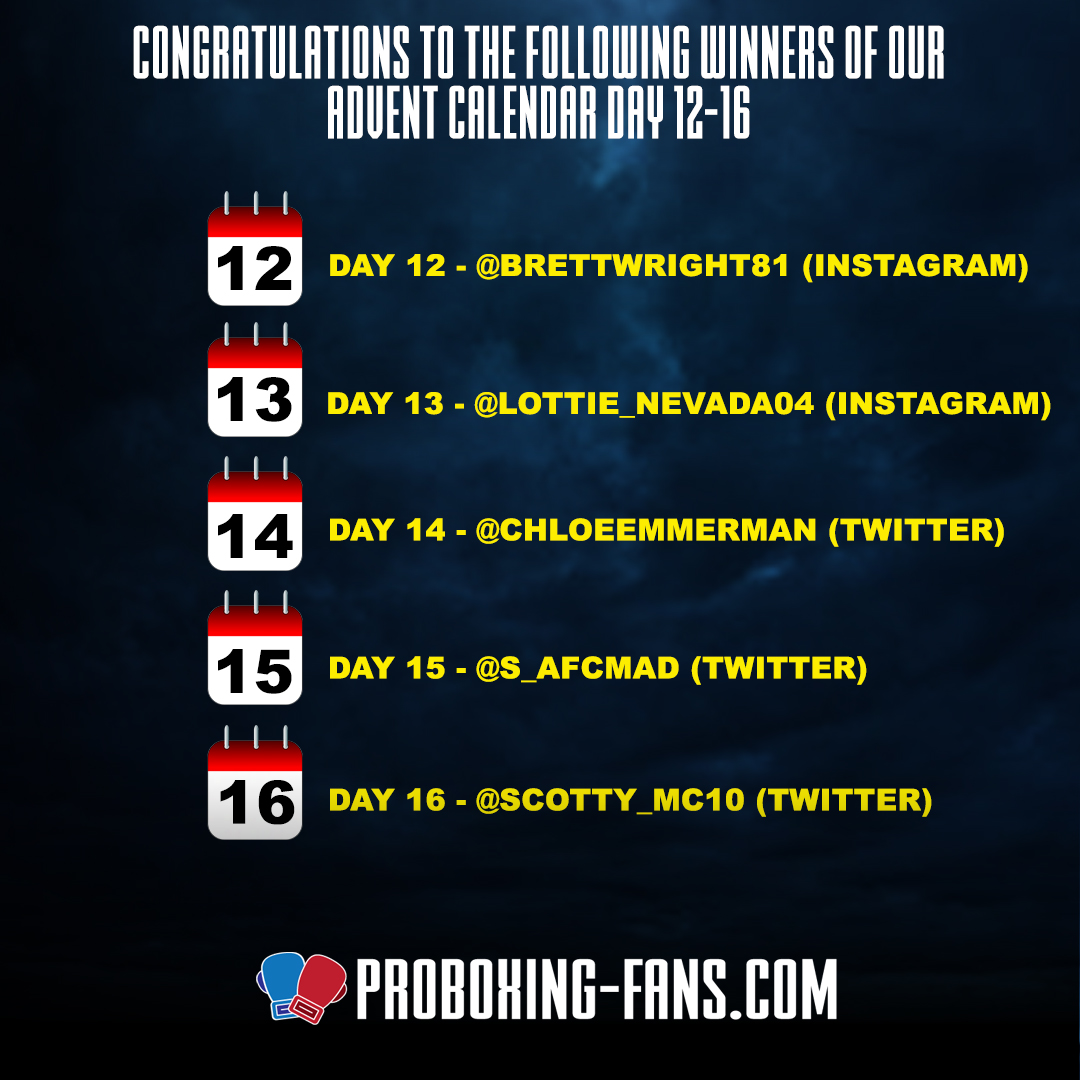 ProBoxingFans's tweet photo. 🎉 CONGRATULATIONS TO OUR ADVENT CALENDAR DAY 12, 13, 14, 15 & 16 WINNERS
🚚 ALL WINNERS FROM DAYS 8 - 17 WILL HAVE THEIR PRIZES SENT BY SPECIAL DELIVERY TODAY (17 DEC)
🎁 DIDN'T WIN - TRY AGAIN - THERE'S 8 DAYS WORTH OF PRIZES TO BE WON STILL
#ADVENTCALENDAR #PROBOXINGFANS https://t.co/9cbWFYBlYV