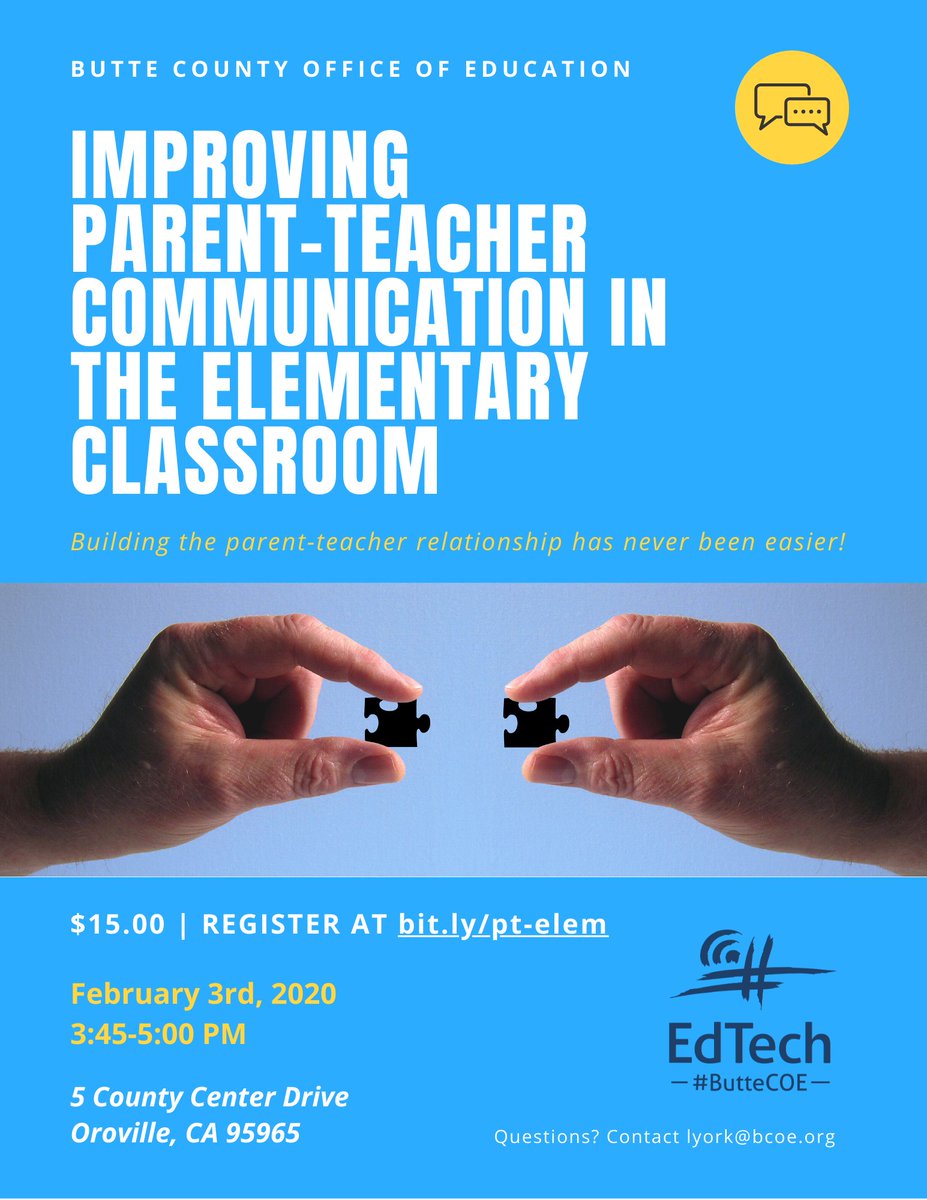 edtechbcoe's tweet photo. 2/3: Improving Parent-Teacher Communication in the Elementary Classroom! https://t.co/oUzhx8y7Cn Explore helpful tech to support conversation between children’s guardians and teachers. Discuss blogs, email tips, social media, voice tools, portfolio connections, &amp; more! #ButteCOE https://t.co/pgI2RilxLm