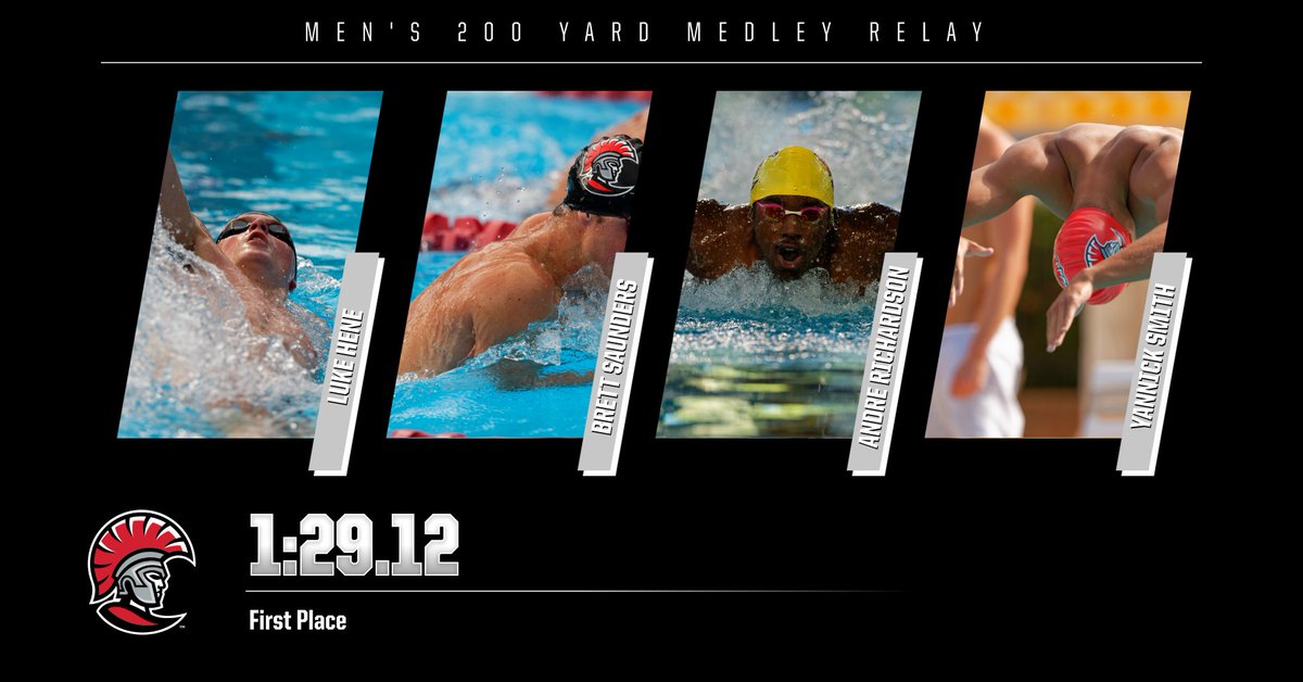 The Men's A Relay (Hene, Saunders, Richardson, Smith) takes first in the 200 Yard Medley Relay with a time of 1:29.12.

#TampaSwimming #StandAsOne